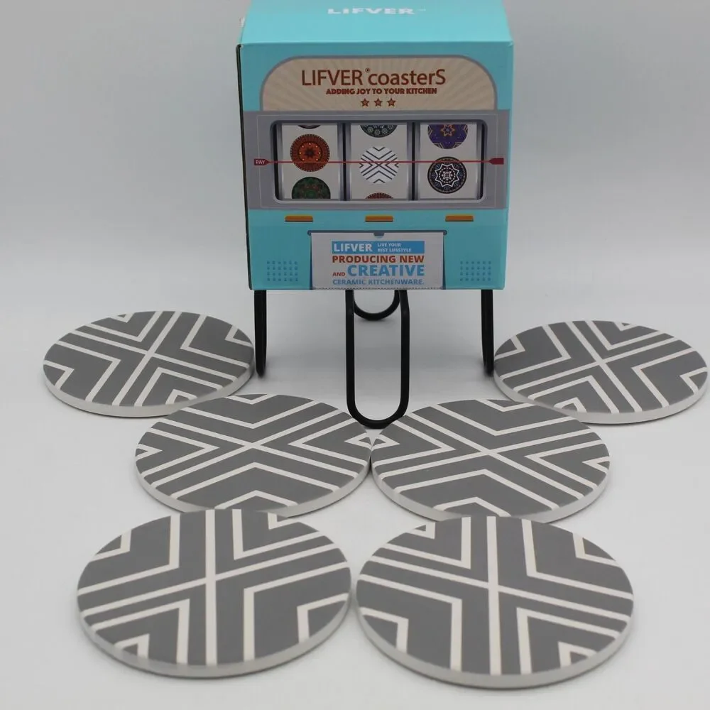 Absorbent Drink Ceramic Coasters & Holder Set of 6 w/Cork Back Grey White Stripe